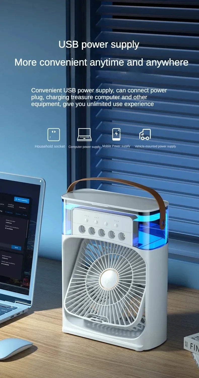 Portable Cooling Fan with Ice & Water Mist – Mini Air Cooler with 3 Speed, Oscillation & Remote Control