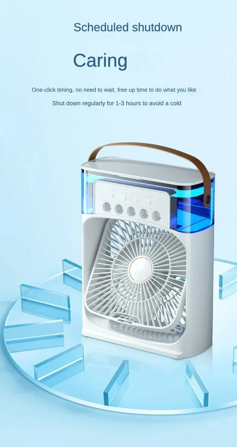 Portable Cooling Fan with Ice & Water Mist – Mini Air Cooler with 3 Speed, Oscillation & Remote Control