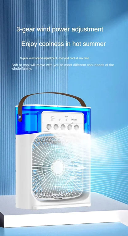 Portable Cooling Fan with Ice & Water Mist – Mini Air Cooler with 3 Speed, Oscillation & Remote Control