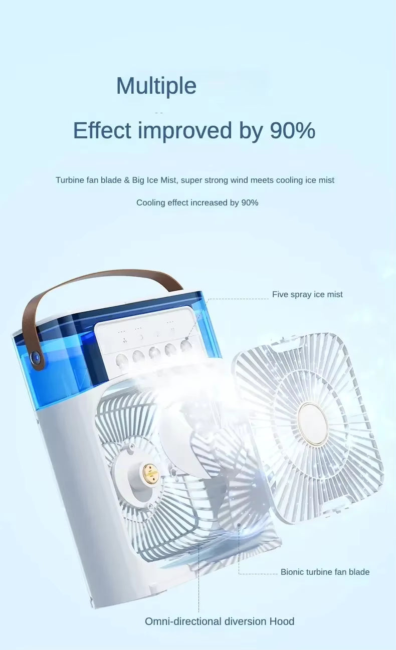Portable Cooling Fan with Ice & Water Mist – Mini Air Cooler with 3 Speed, Oscillation & Remote Control