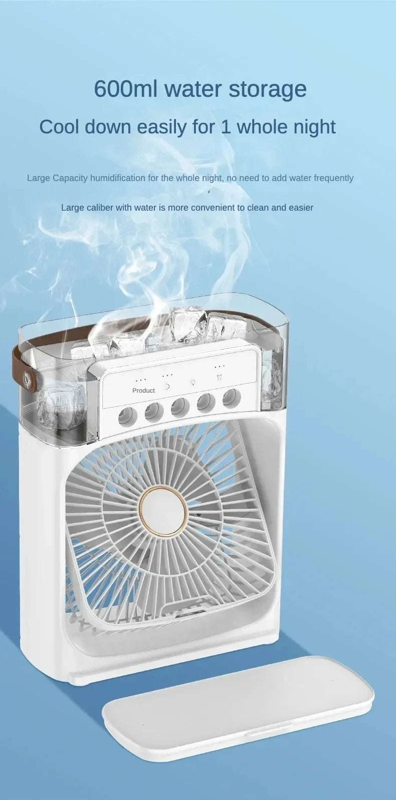 Portable Cooling Fan with Ice & Water Mist – Mini Air Cooler with 3 Speed, Oscillation & Remote Control