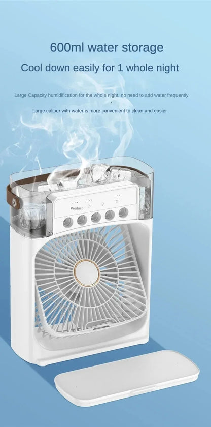Portable Cooling Fan with Ice & Water Mist – Mini Air Cooler with 3 Speed, Oscillation & Remote Control